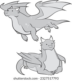 Flying dragon vector pack with one dragon sitting, one dragon flying. Cute, cartoon vector illustrations of fantasy creatures. Can be easily recolored.