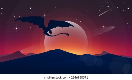 flying dragon walpaper. mountain background. fantasy wallpaper with mythological animal. fantasy walpaper for desktop. fantasy sunset walpaper.