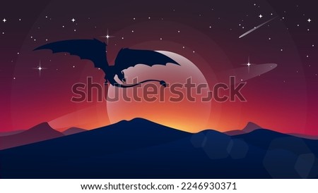 flying dragon walpaper. mountain background. fantasy wallpaper with mythological animal. fantasy walpaper for desktop. fantasy sunset walpaper.