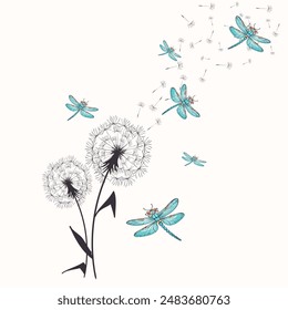 Flying dragonflies on dandelions.Vector illustration with blue dragonflies and stylized dandelions on a white background.