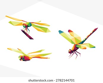 Flying Dragonfly colorful polygonal low poly vector Set. Collection of dragonfly colorful logo vector. Illustration of dragonfly set