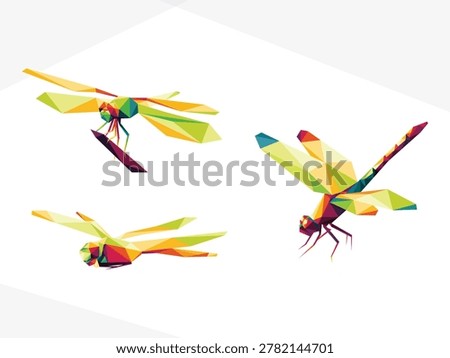 Flying Dragonfly colorful polygonal low poly vector Set. Collection of dragonfly colorful logo vector. Illustration of dragonfly set