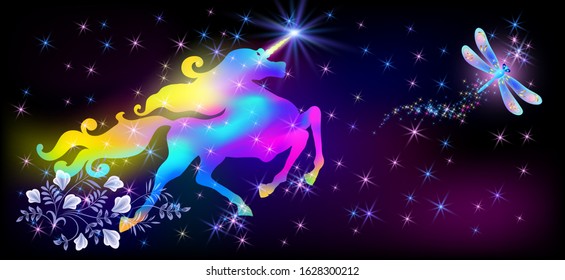 Flying dragonfly and galloping iridescent unicorn with luxurious winding mane against the background of the fantasy universe with sparkling stars