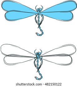 Flying dragonfly. Hand-drawn image on white background