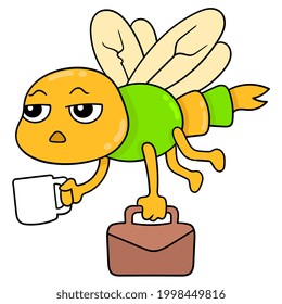 flying dragonfly with a sleepy face going to work with a briefcase, vector illustration art. doodle icon image kawaii.