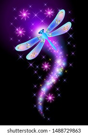 Flying  dragonfly with sparkle and blazing trail and glowing stars