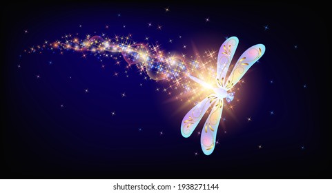 Flying dragonfly with sparkle and blazing trail flying in night sky among shiny glowing stars in cosmic space. Animal day concept.