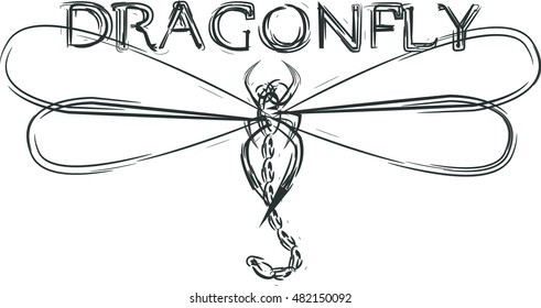 Flying dragonfly and text. Hand-drawn image on white background as emblem, sign or logo