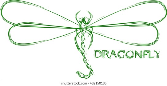 Flying dragonfly and text. Hand-drawn image on white background as emblem, sign or logo 