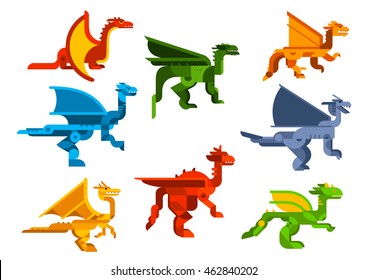 Flying dragons cartoon flat reptiles with membranous wings and spiny crest on head and neck. Nature, history, t-shirt or child book design