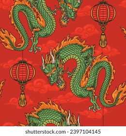 Dramas voladores coloridos y sin fisuras con talismanes nacionales chinos y linternas colgantes para decoración fiestas de año nuevo festividades ilustración vectorial