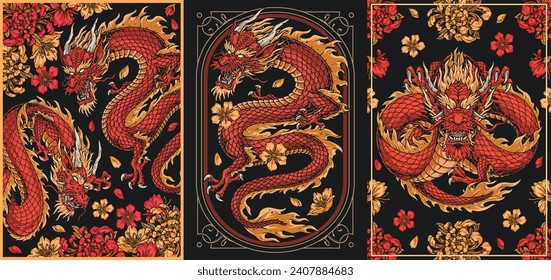 Flores de dragones voladores pegatinas coloridas con reptiles míticos rojos entre brotes y pétalos flores para el diseño ilustración vectorial del calendario oriental