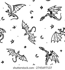 Flying dragons sketches, seamless patterns, monochrome illustrations, hand-drawn vector doodles.