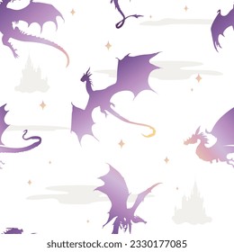 Flying dragons vector seamless pattern with silhouettes of castles and dragons and stars. Abstract gradient dragons on white background in fairy tale style