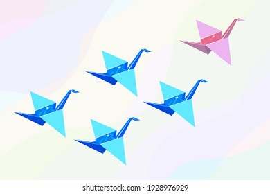 Flying drawn paper cranes as a concept of a competition. Leadership, ambitions, career goals concept. 