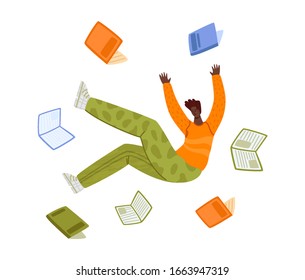Flying dreaming adult man with books, study or literature fan concept, cute boy or student flys in dynamic pose - isolated on white. flat male cartoon textured character - vector illustration