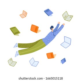 Flying dreaming adult man with books, study or literature fan concept, cute boy or student flys in dynamic pose - isolated on white. flat male cartoon textured character - vector illustration
