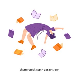 Flying dreaming girl with books, study or literature fan concept, cute woman in dynamic pose flys - isolated on white. flat female cartoon textured character - vector illustration