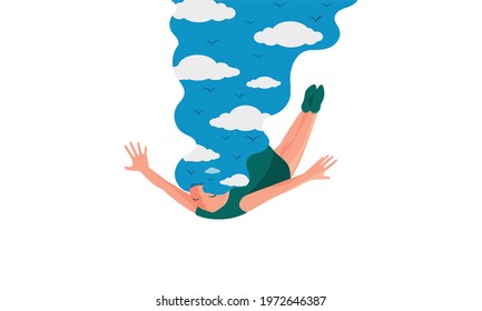 Flying dreams illustration. Woman with hair of sky and clouds falling down isolated on white background. Flying in dreams concept. Relax, Dreaming. Vector illustration 