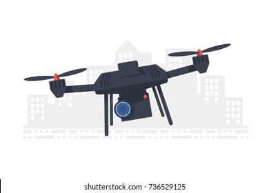 Flying drone with action video camera, quadrocopter on city background flat vector illustration