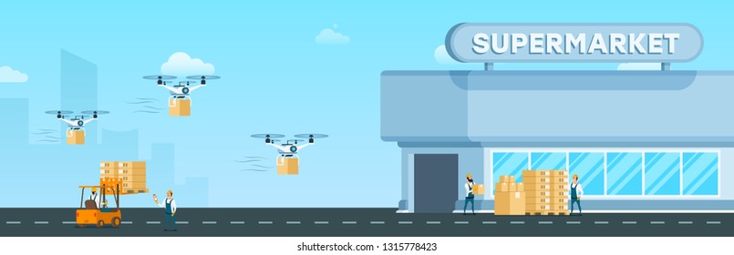 Flying Drone Air Fast Delivery to Supermarket. Delivering Goods and Box to Modern Glass City Mall. Warehouse Automatic Freight Distribution Service. Flat Cartoon Vector Illustration