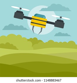 Flying drone background. Flat illustration of flying drone vector background for web design