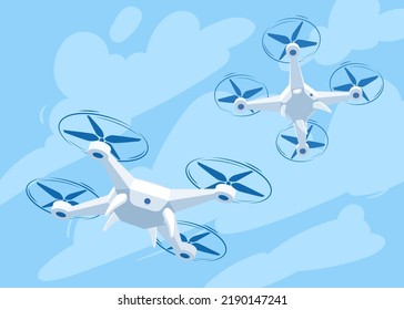 Flying drone with blue sky background, vector illustration. Cartoon drones flying in different angles.