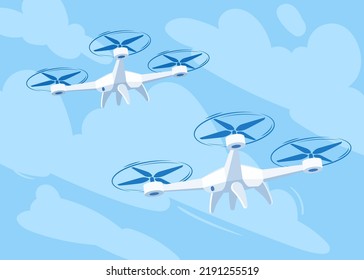 Drone volador con fondo cielo azul, ilustración vectorial. Drones de caricatura volando en diferentes ángulos.