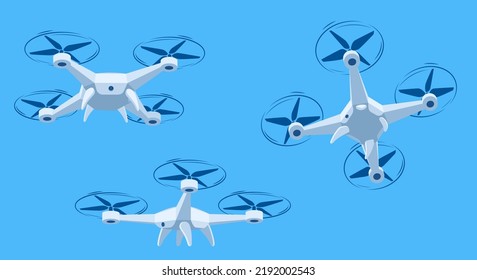 Drone volador con fondo cielo azul, ilustración vectorial. Drones de caricatura volando en diferentes ángulos.