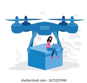 Flying Drone With Box, Delivery Service, Fast delivery of package service, Delivery home and office. Vector illustration for web banner, infographics, mobile