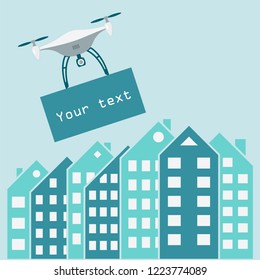 Flying drone carrying advertisement banner in the sky over city. Vector illustration template banner / poster. Fast delivery concept