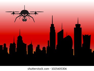 Flying Drone and Cityscape Vector Illustration