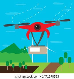 Flying drone delivering a box over a city - Vector