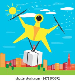 Flying drone delivering a box over a city - Vector