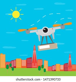 Flying drone delivering a box over a city - Vector