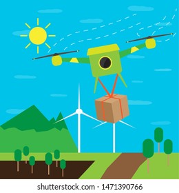 Flying drone delivering a box over a field - Vector