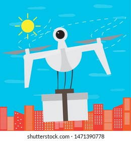 Flying drone delivering a box over a city - Vector