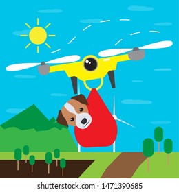 Flying drone delivering a dog over a field - Vector