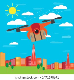 Flying drone delivering a sack over a city - Vector