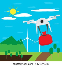 Flying drone delivering a sack over a field - Vector