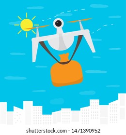 Flying drone delivering a sack over a city - Vector
