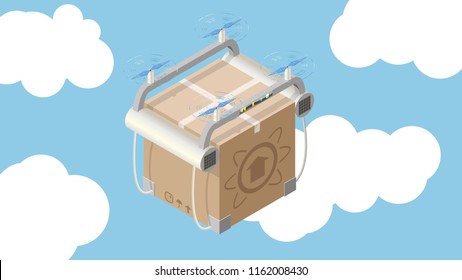 Flying drone delivers the parcel.