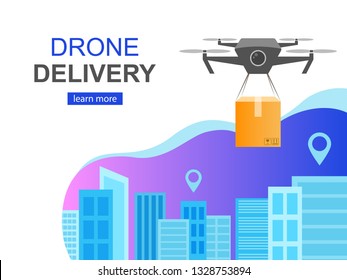 Flying Drone delivery box and Cityscape, Big city Modern technologies concept, Vector Illustration, Landing page template