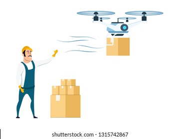 Flying Drone Delivery from Storage or Warehouse. Male Character Smiling Warehouse Worker in Overall Uniform and Hard Hat Standing near Cardboard Box. Air Delivery. Cartoon Vector Illustration
