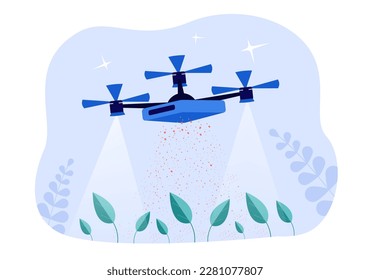 Flying drone fertilizing plants or crops vector illustration. Cartoon drawing of automation of farming process, robotic device taking care of garden or farm. Agriculture, robotics, farming, AI concept