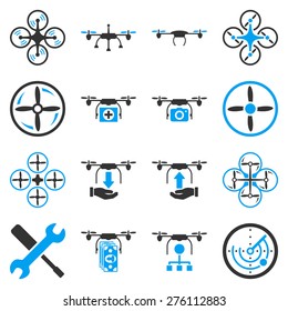 Flying drone flat bicolor icons. These pictograms use modern corporate light blue and gray colors.