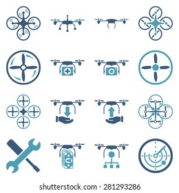 Flying drone flat bicolor icons. These pictograms use modern corporate cyan and blue colors. These bicolor glyphs are isolated on a white background.