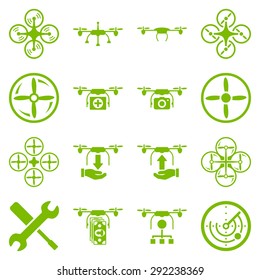 Flying drone flat bicolor icons. These pictograms use eco green color. These glyphs are isolated on a white background.
