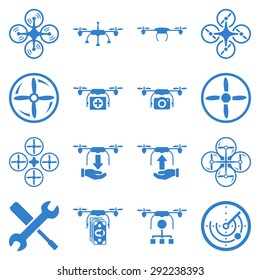 Flying drone flat bicolor icons. These pictograms use cobalt color. These glyphs are isolated on a white background.
