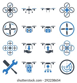 Flying drone flat bicolor icons. These pictograms use smooth blue colors. These bicolor glyphs are isolated on a white background.